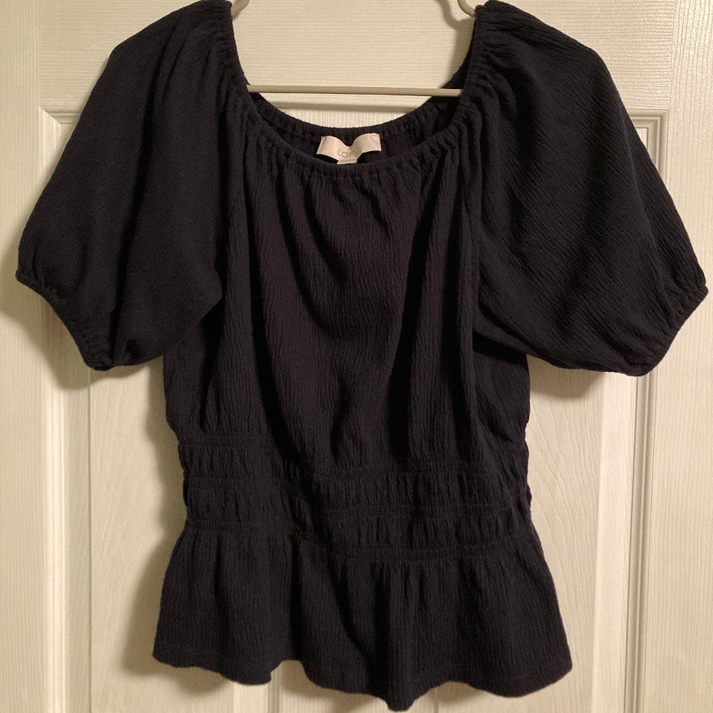 LOFT navy blue off-the-shoulder cottagecore blouse with puffy sleeves